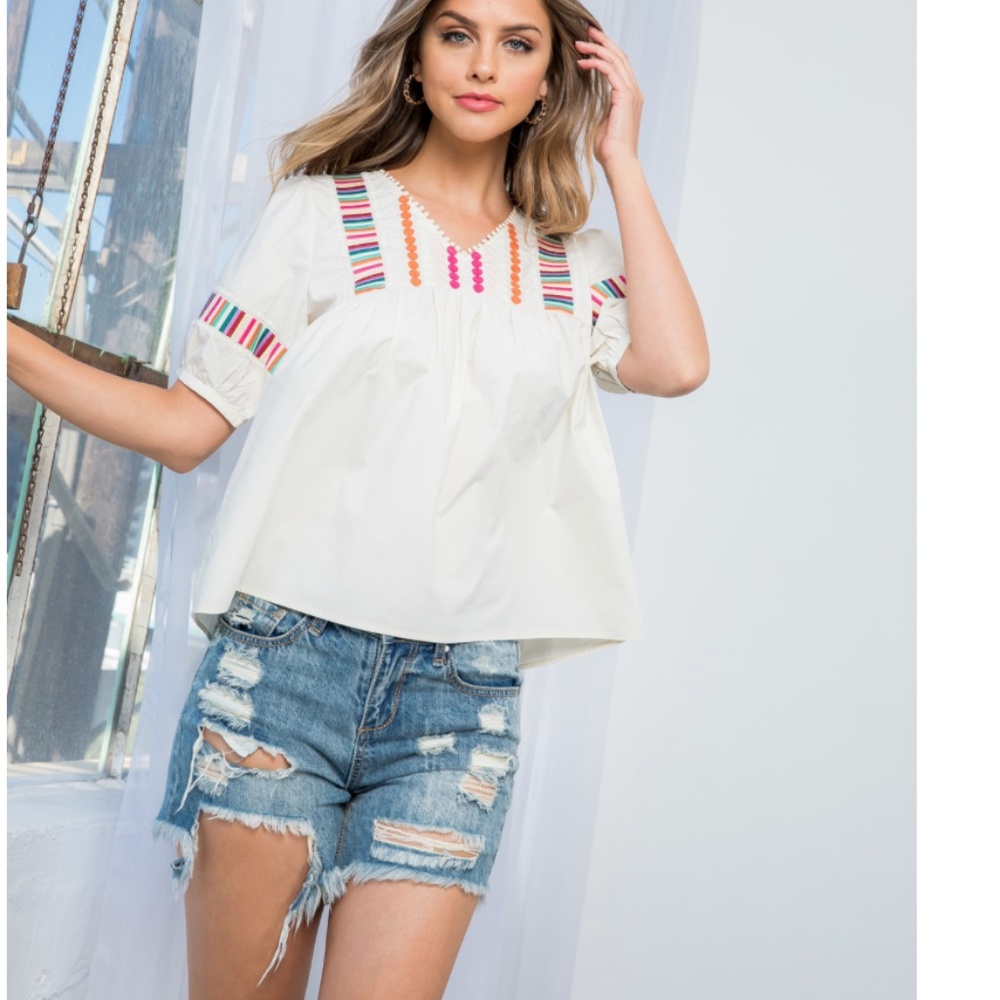 THML Ruffle Sleeve Embroidered Knit Bib Top NWOT | M